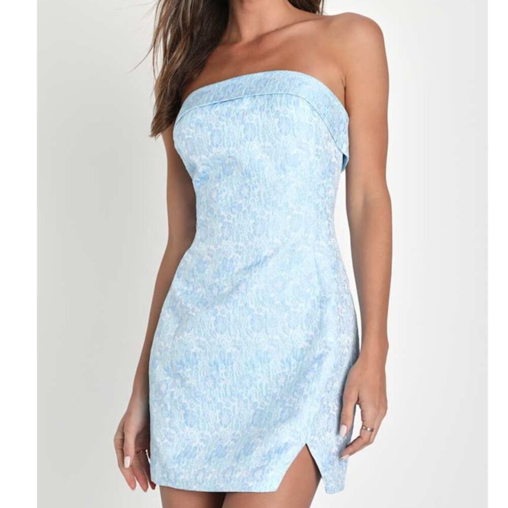 NEW Lulus Light Blue Delicate Destiny Jacquard Strapless Mini Dress Medium